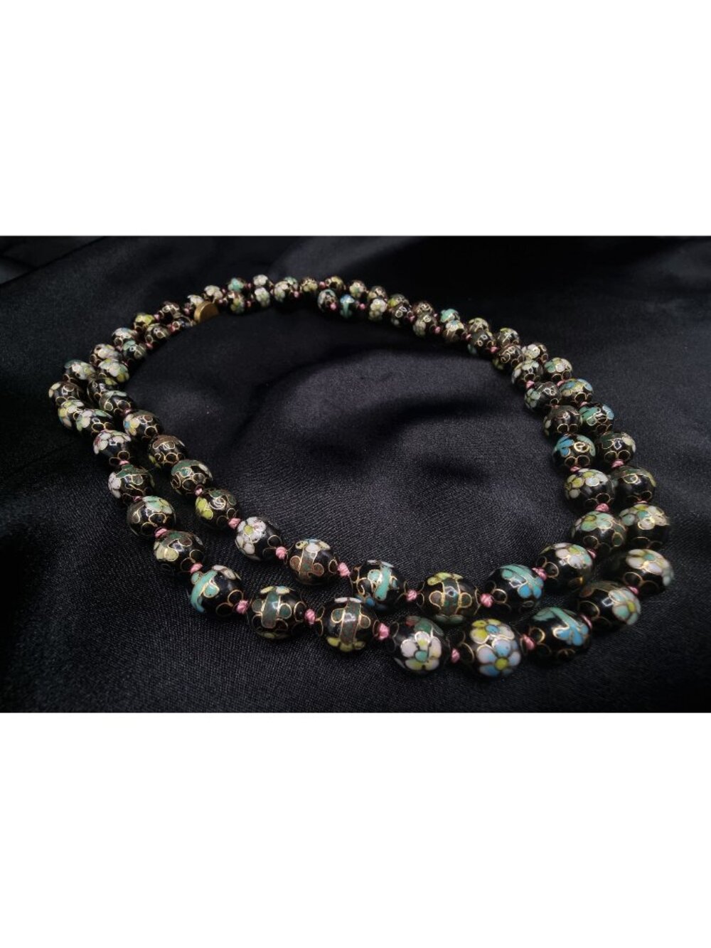 Vintage Asian Cloisonné Beaded Necklace With Floral Design